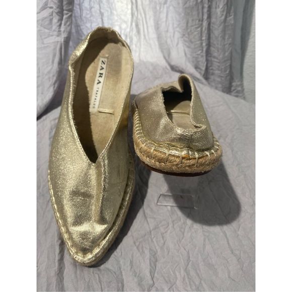 Zara Trafaluc espadrilles slide in flat gold pointy toe ladies SZ 39 - Picture 4 of 9